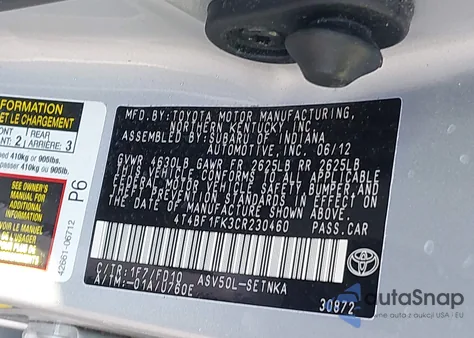 2012 Toyota Camry Le z USA, uszkodzony, nr VIN 4T4BF1FK3CR230460